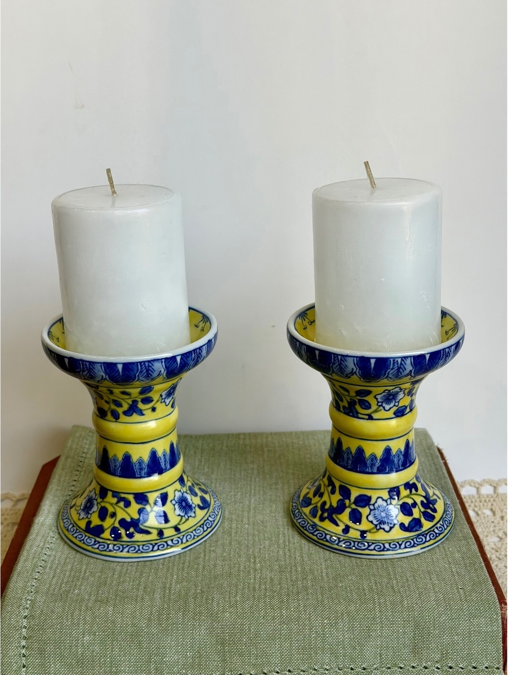 Pair Blue & Yellow Chinoiserie Ceramic Candle Holders Floral Pillar Candlesticks
